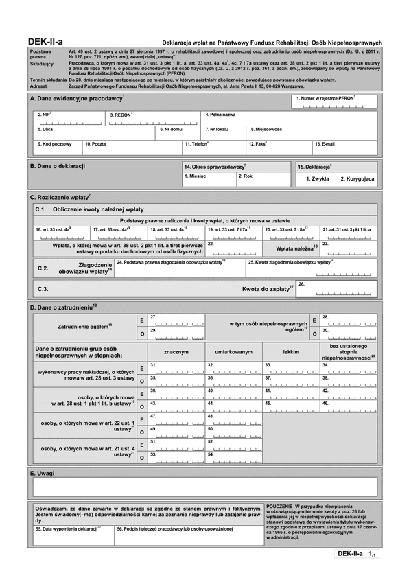 PFRON DEK-II-a (archiwalny) Deklaracja wpłat na Państwowy Fundusz Rehabilitacji Osób Niepełnosprawnych