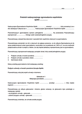 PNZW Protokół nadzwyczajnego zgromadzenia wspólników  spółki