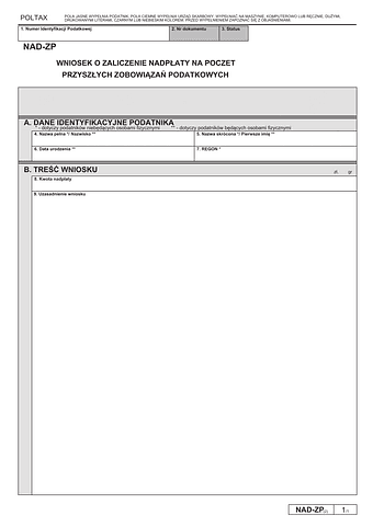 NAD-ZP (2) Wniosek o zaliczenie nadpłaty lub zwrotu na poczet przyszłych zobowiązań podatkowych