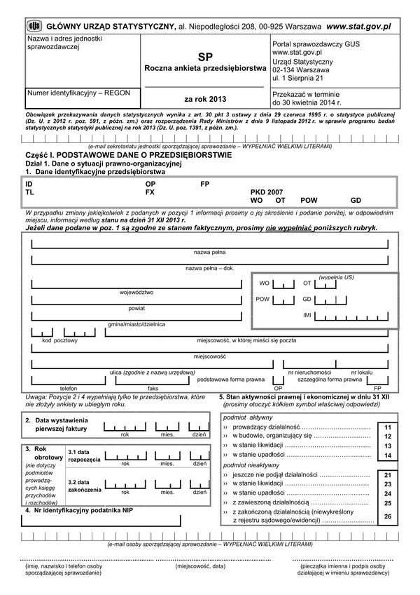 GUS SP (2013) (archiwalny) Roczna ankieta przedsiębiorstwa za rok 2013