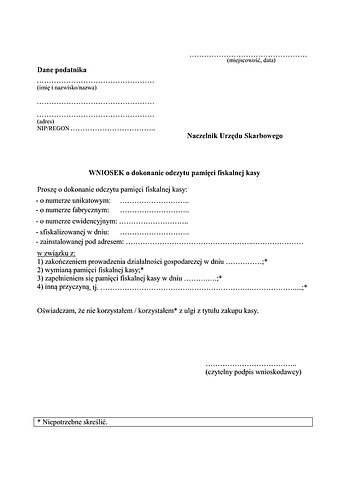 WoDOPF Wniosek o dokonanie odczytu pamięci fiskalnej kasy