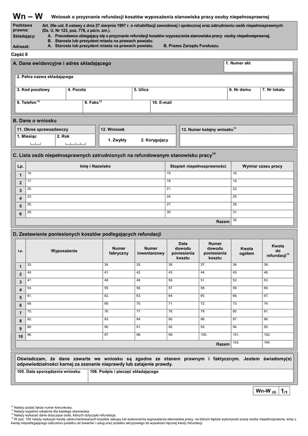 PFRON Wn-W (II) (archiwalny) Wniosek o przyznanie refundacji kosztów wyposażenia stanowiska pracy osoby niepełnosprawnej
