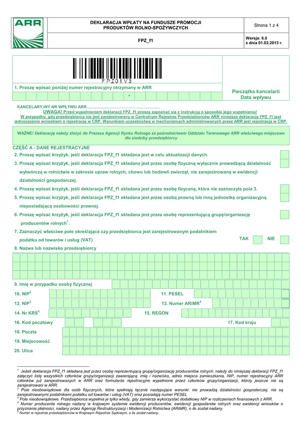 ARR FPZ_f1 6.0 (archiwalny) Deklaracja wpłaty na fundusze promocji produktów rolno-spożywczych