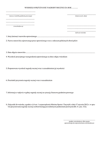WnNR MSiT Wniosek o przyznanie nagrody rocznej - Ministerstwo Sportu i Turystyki