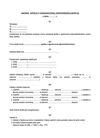WUSZOO Wzorzec umowy spółki z ograniczoną odpowiedzialnością udostępniany w systemie teleinformatycznym