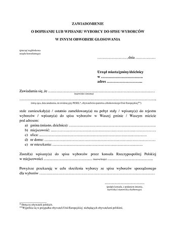 ZawW MSZ Zawiadomienie o dopisaniu lub wpisaniu wyborcy do spisu wyborców w innym obwodzie - Ministerstwo Spraw Zagranicznych