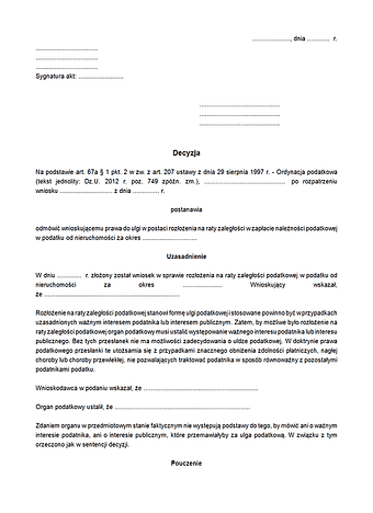 DWRR Decyzja w sprawie rozłożenia na raty płatności zaległości podatkowej w podatku od nieruchomości