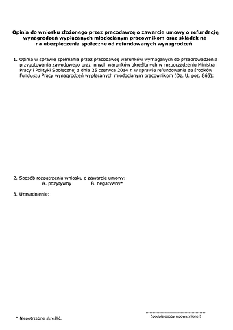 OWZUR Opinia do wniosku złożonego przez pracodawcę w sprawie zawarcia umowy o refundację wynagrodzeń wypłacanych młodocianym oraz składek na ubezpieczenia społeczne od refundowanych wynagrodzeń