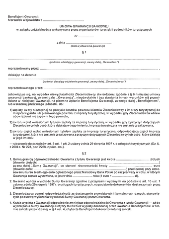 UGB Umowa gwarancji bankowej w związku z działalnością wykonywaną przez organizatorów turystyki i pośredników turystycznych