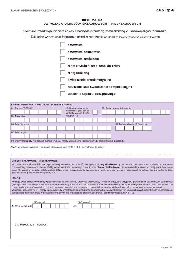 ZUS RP-6  (archiwalny) Informacja dotycząca okresów składkowych i nieskładkowych