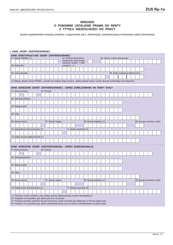 ZUS-RP-1A (od X 2014) (archiwalny) Wniosek o ponowne ustalenie prawa do renty z tytułu niezdolności do pracy