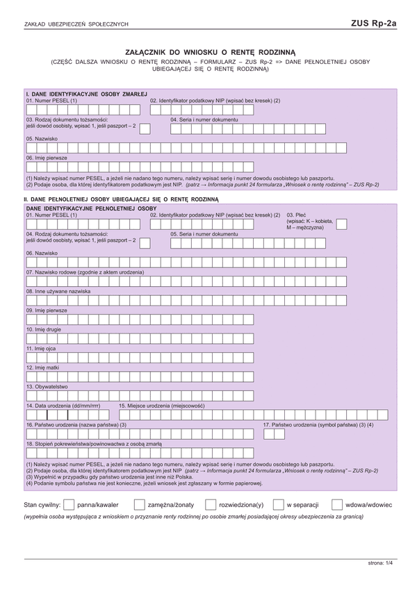 ZUS Rp-2a (archiwalny) Załącznik do wniosku o rentę rodzinną (część dalsza z formularza ZUS Rp-2 III. Dane członków rodziny ubiegających się o rentę)