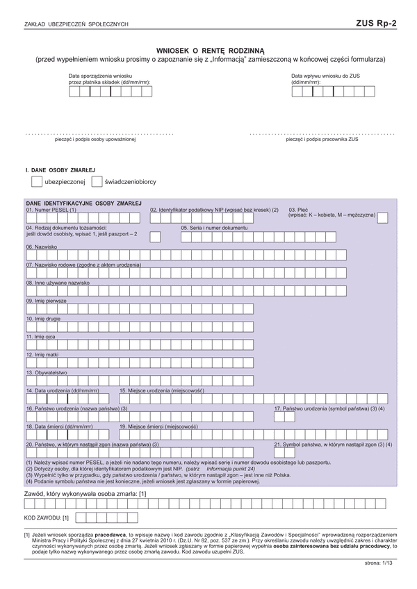 ZUS Rp-2  (archiwalny) Wniosek o rentę rodzinną