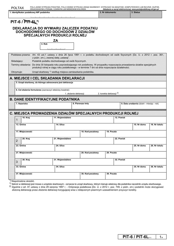 PIT-6 (11) (2014, 2015) (archiwalny) Deklaracja do wymiaru zaliczek podatku dochodowego od dochodów z działów specjalnych produkcji rolnej