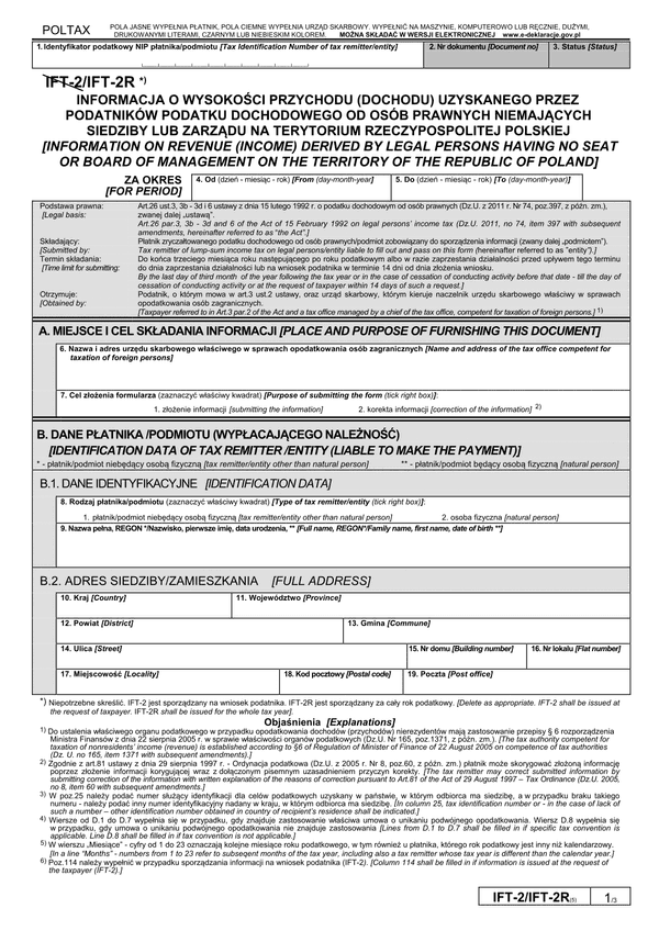 IFT-2R (5) (2012 - 2014) (archiwalny) Informacja o wysokości przychodu (dochodu) uzyskanego przez podatników podatku dochodowego od osób prawnych niemających siedziby lub zarządu na terytorium Rzeczypospolitej Polskiej