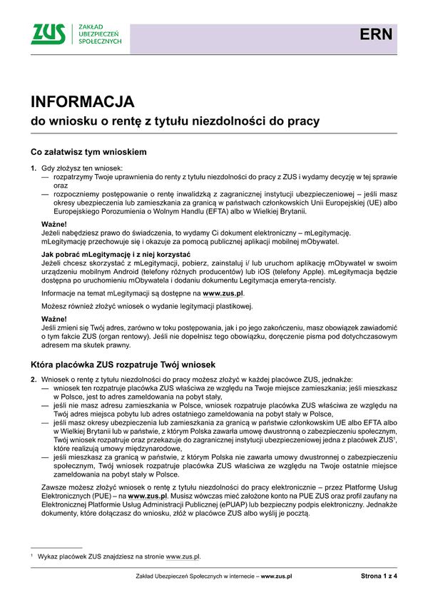 ZUS ERN Inf (archiwalny) Informacja do wniosku o rentę z tytułu niezdolności do pracy