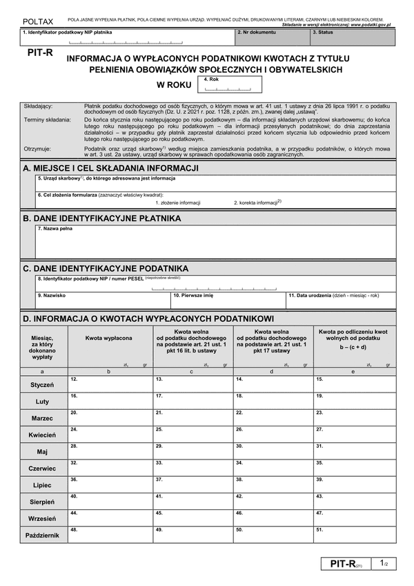 PIT-R (21) (archiwalny) (2023) Informacja o wypłaconych podatnikowi kwotach z tytułu pełnienia obowiązków społecznych i obywatelskich (PIT-R / PIT-RZ)