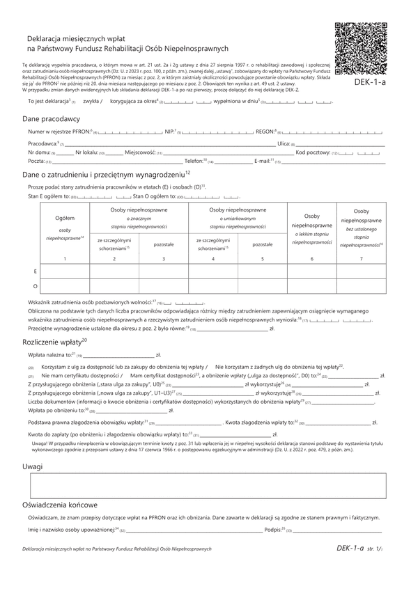 PFRON DEK-1-a Deklaracja miesięcznych wpłat na Państwowy Fundusz Rehabilitacji Osób Niepełnosprawnych