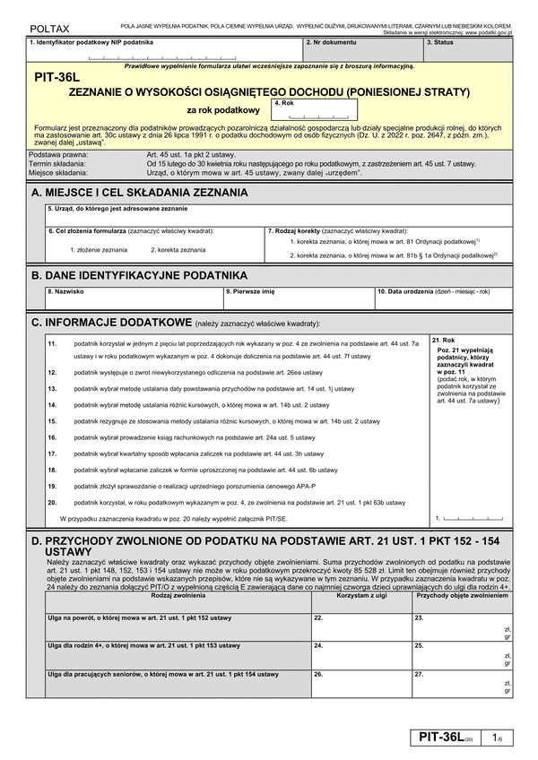 PIT-36L (20) (2023) Zeznanie o wysokości osiągniętego dochodu (poniesionej straty) 