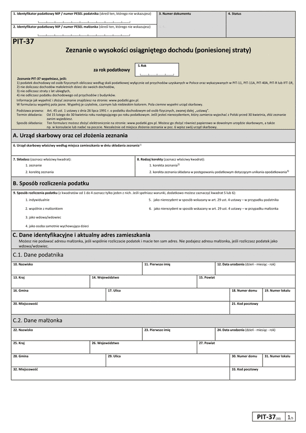 PIT-37 (30) (2023) Zeznanie o wysokości osiągniętego dochodu (lub poniesionej straty) 