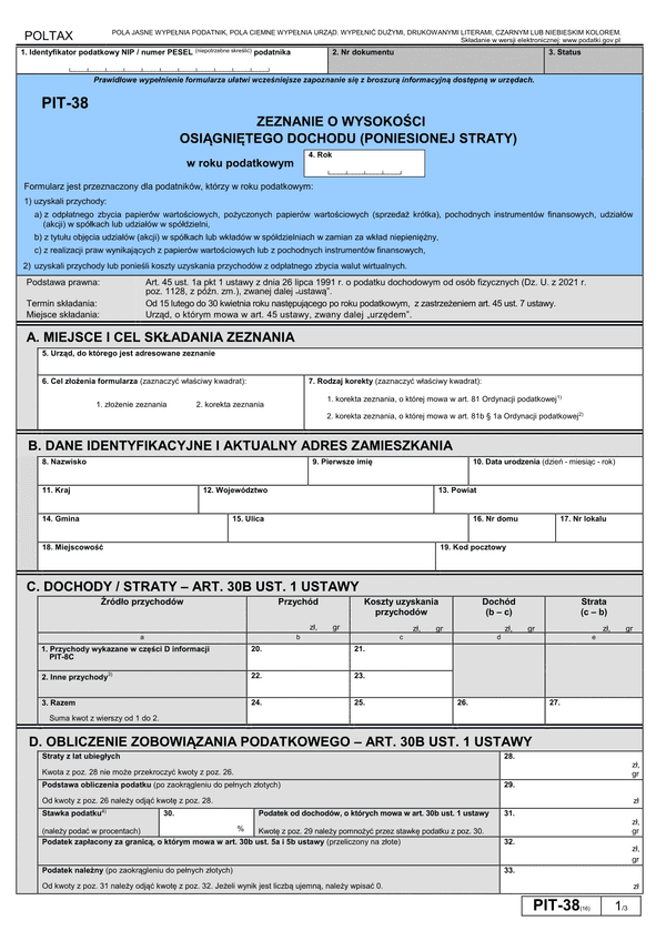 PIT-38 (16) (2023) Zeznanie o wysokości osiągniętego dochodu (poniesionej straty)