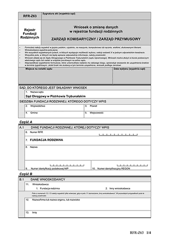 RFR-Z63 Wniosek o zmianę danych w rejestrze fundacji rodzinnych ZARZĄD KOMISARYCZNY / ZARZĄD PRZYMUSOWY