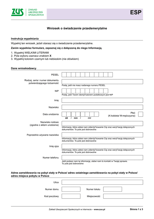 ZUS ESP (archiwalny) Wniosek o świadczenie przedemerytalne