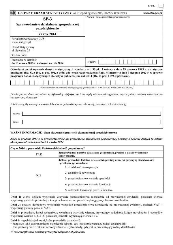 GUS SP-3 (2014) (archiwalny) Sprawozdanie o działalności gospodarczej przedsiębiorstw za rok 2014