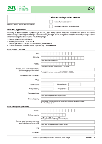 ZUS Z-3 Zaświadczenie płatnika składek - wersja papierowa