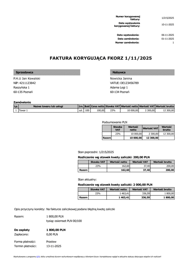 FKORZ Faktura korygująca zaliczkowa (zgodna z KSeF)