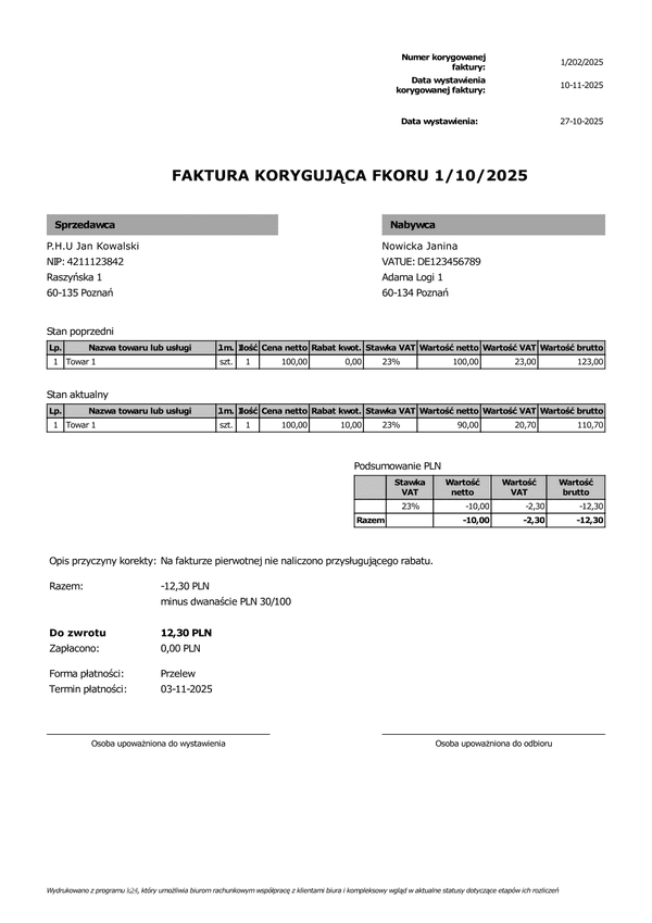 FKORU Faktura korygująca uproszczona (zgodna z KSeF)