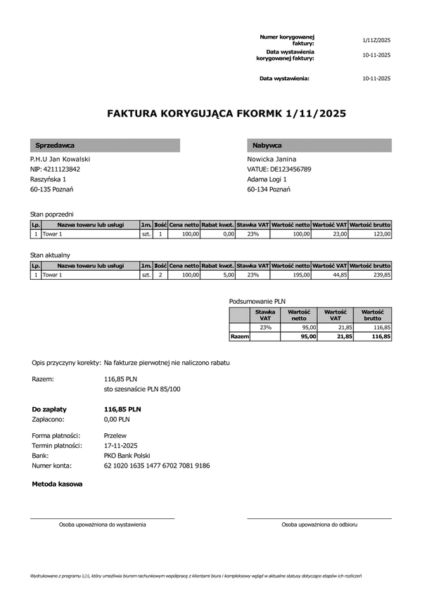 FKORMK Faktura korygująca metoda kasowa (zgodna z KSeF)