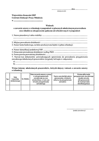 WZURW Wniosek o zawarcie umowy o refundację wynagrodzeń wypłacanych młodocianym oraz składek na ubezpieczenia społeczne od refundowanych wynagrodzeń - wiele pozycji