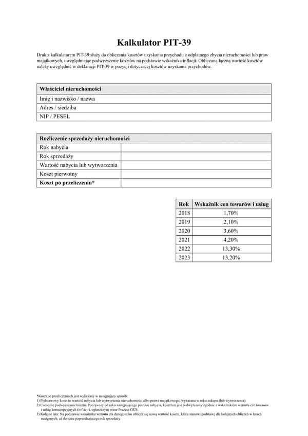 KSNPIT-39 Kalkulator sprzedaży nieruchomości PIT-39