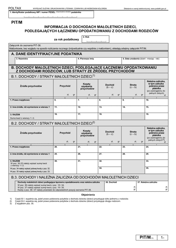 PIT/M (10) (2023-2024) Informacja o dochodach małoletnich dzieci, podlegających łącznemu opodatkowaniu z dochodami rodziców