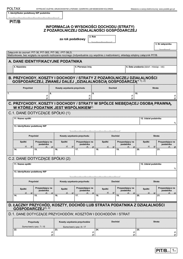 PIT/B (21) (2023-2024) Informacja o wysokości dochodu (straty) z pozarolniczej działalności gospodarczej 