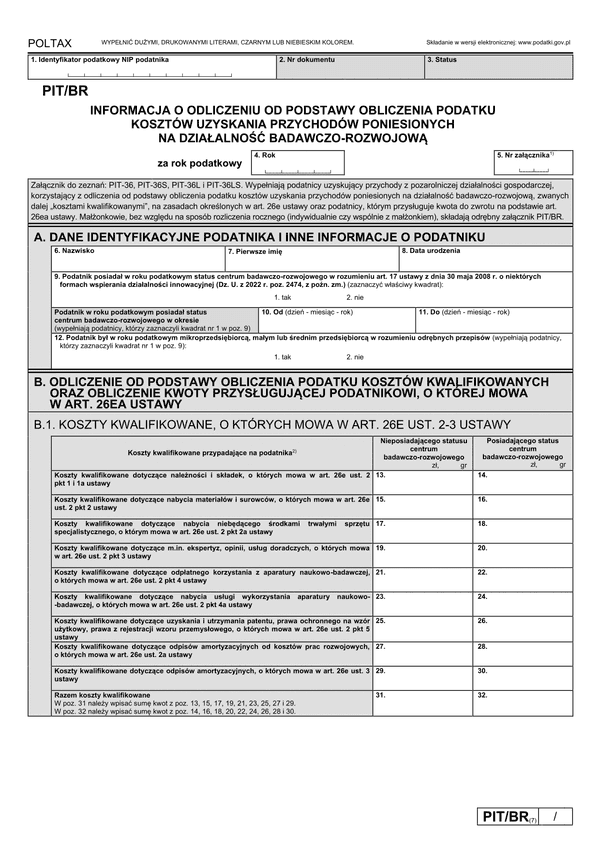 PIT/BR (7) (2023) Informacja o odliczeniu od podstawy obliczenia podatku kosztów uzyskania przychodów poniesionych na działalność badawczo-rozwojową