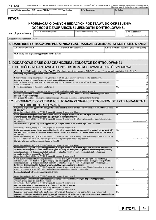 PIT/CFI (3) Informacja o danych będących podstawą do określenia dochodu z zagranicznej jednostki kontrolowanej