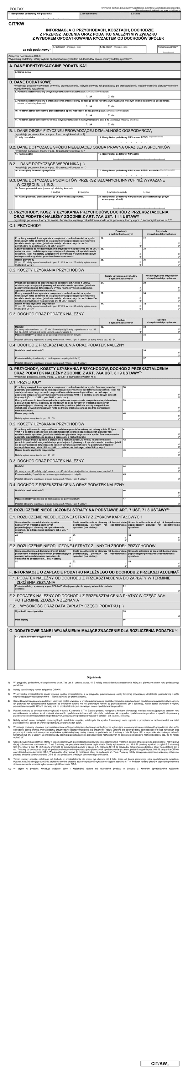 CIT/KW (4) Informacja o przychodach, kosztach, dochodzie z przekształcenia oraz podatku należnym w związku z wyborem opodatkowania ryczałtem od dochodów spółek kapitałowych