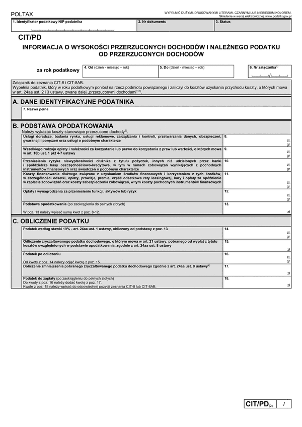 CIT/PD (2) Informacja o wysokości przerzuconych dochodów i należnego podatku od przerzuconych dochodów