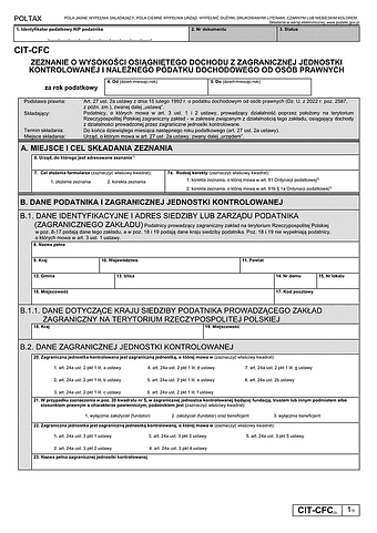 CIT-CFC (5) Zeznanie o wysokości osiągniętego dochodu z zagranicznej spółki kontrolowanej przez podatnika podatku dochodowego od osób prawnych