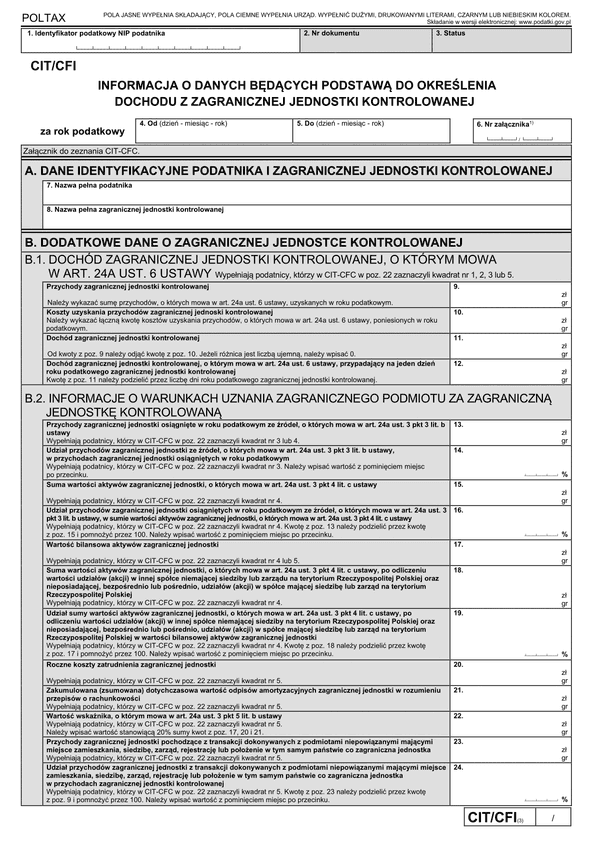 CIT/CFI (3) Informacja o danych będących podstawą do określenia dochodu z zagranicznej jednostki kontrolowanej