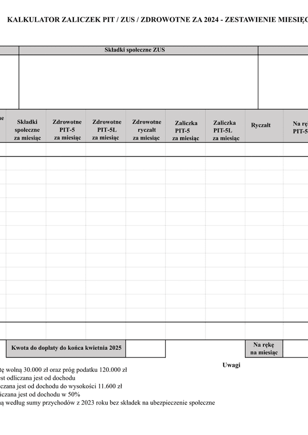 KzPZZ Kalkulator zaliczek PIT/ZUS/zdrowotne za 2024 - zestawienie miesięczne