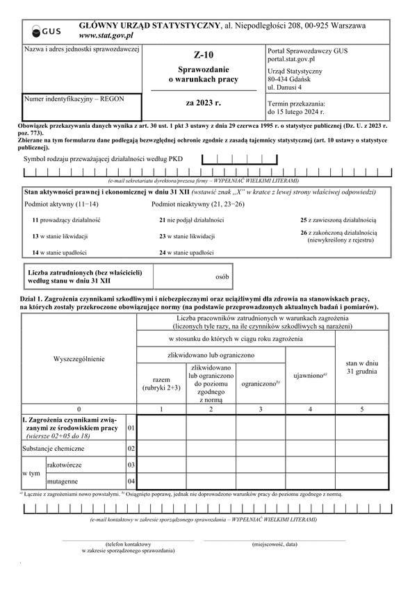 GUS Z-10 (2023) Sprawozdanie o warunkach pracy za 2023 rok