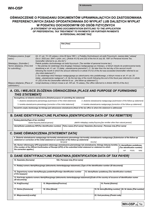 WH-OSP (3) Oświadczenie płatnika podatku dochodowego od osób fizycznych