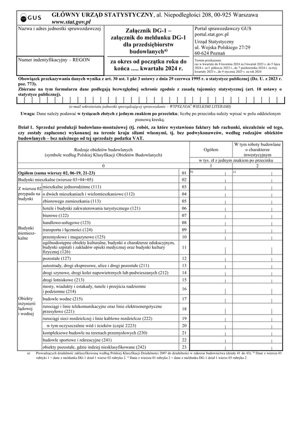 GUS DG-1 ZAŁ (2024) Załącznik do meldunku DG-1 dla przedsiębiorstw budowlanych