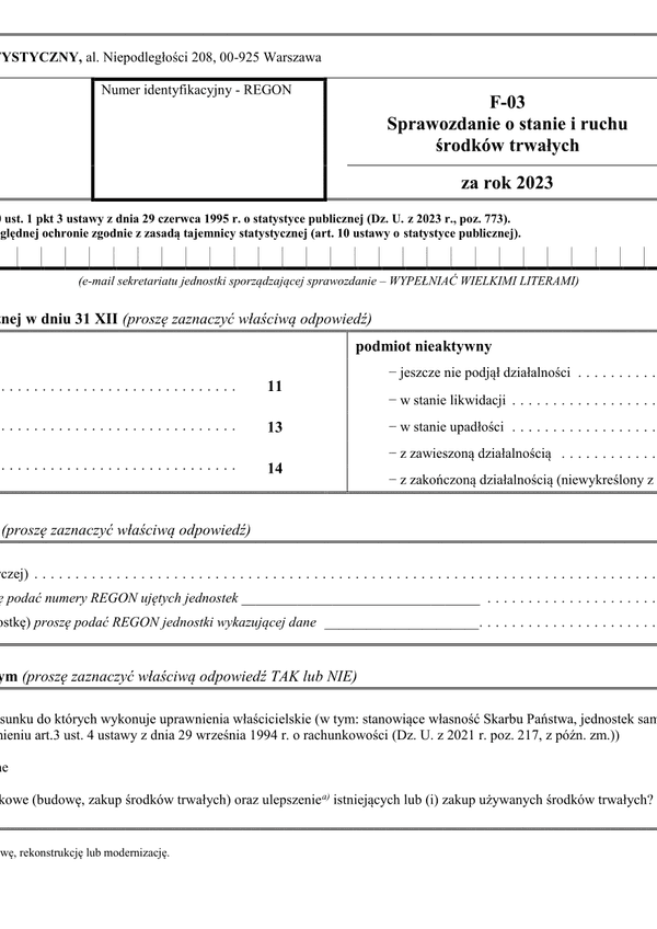 GUS F-03  Sprawozdanie o stanie i ruchu środków trwałych za rok 2023