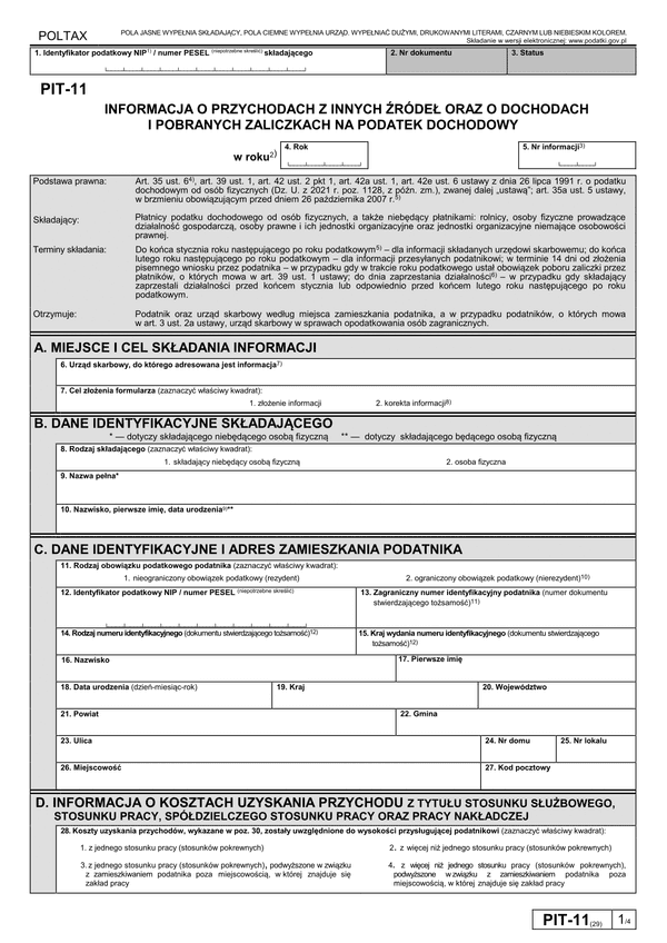 PIT-11 (29) (2024) Informacja o dochodach, pobranych zaliczkach na podatek dochodowy, wypłaconym stypendium oraz przychodach z innych źródeł  (PIT-11 / PIT-11Z) 