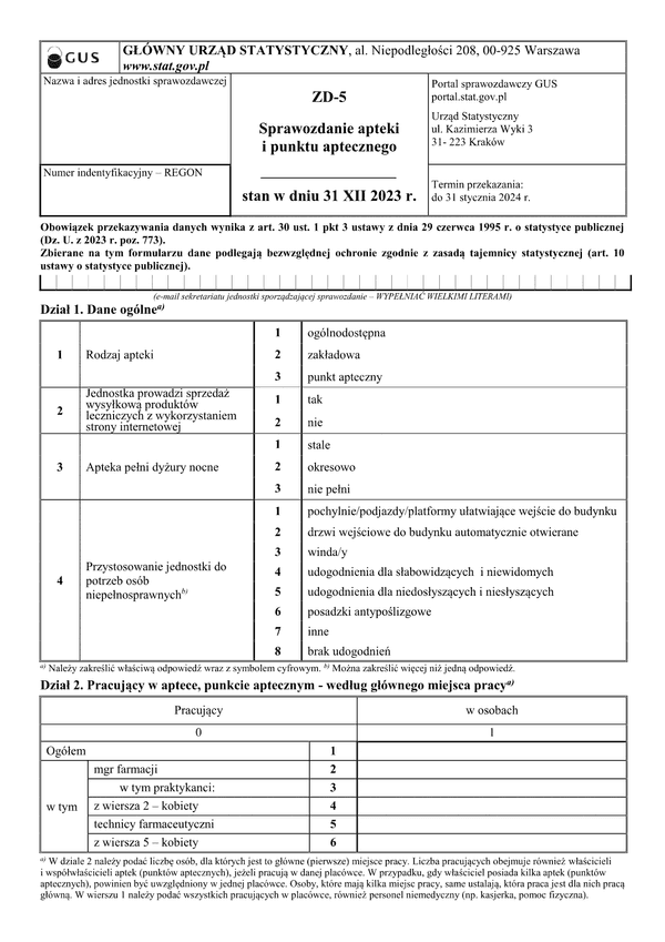 GUS ZD-5 (2023) Sprawozdanie apteki i punktu aptecznego stan w dniu 31 XII 2023 r.