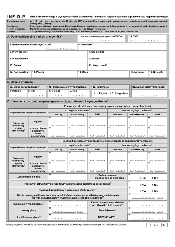 PFRON INF-D-P (od I 2015) (archiwalny) Miesięczna informacja o wynagrodzeniach, zatrudnieniu i stopniach niepełnosprawności pracowników niepełnosprawnych